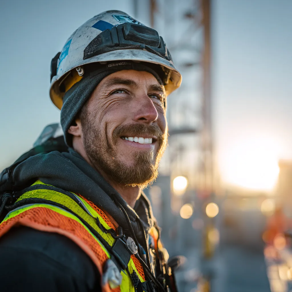 Mining worker in high-visibility gear at a site at golden hour.