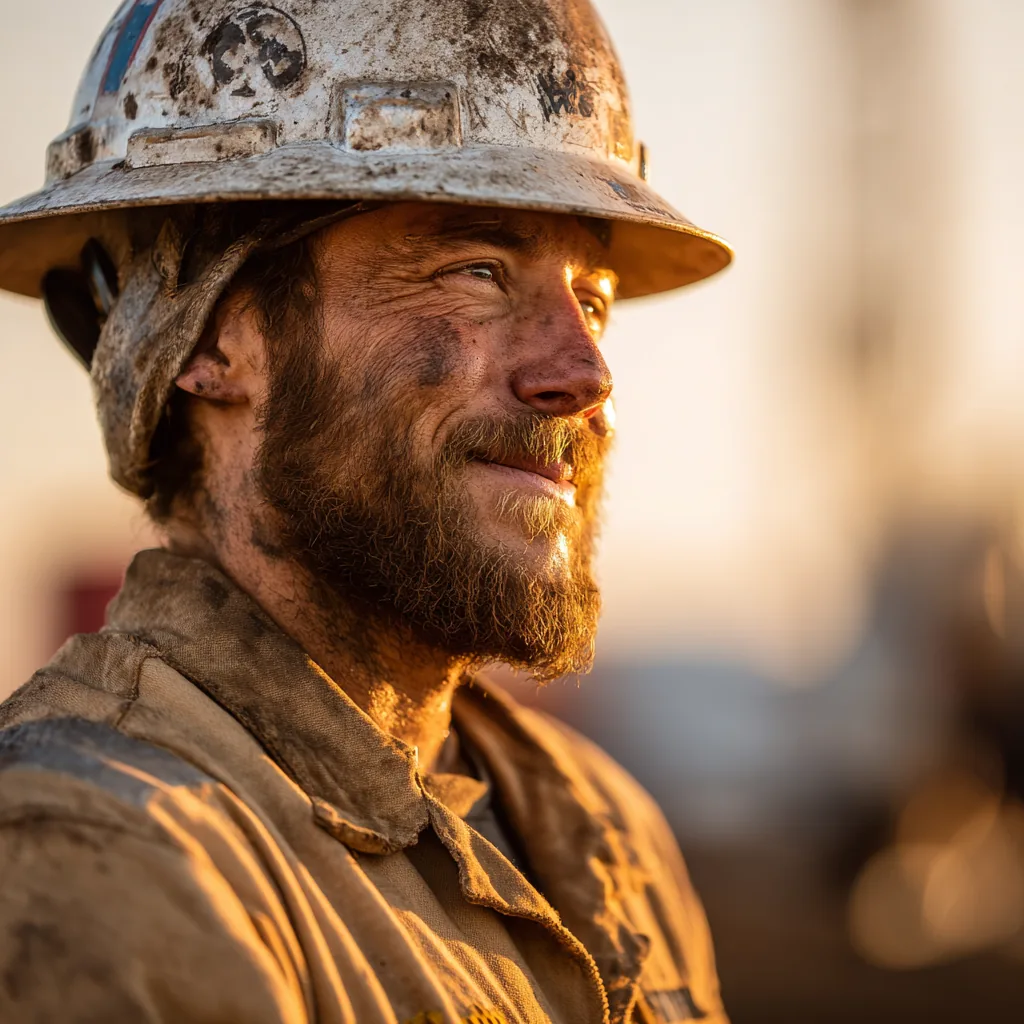 Oil and gas roughneck at a derrick at golden hour.